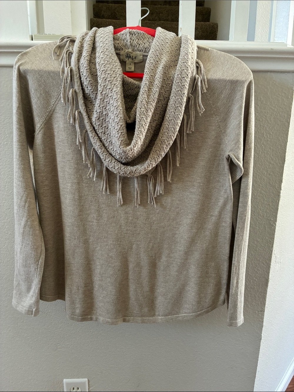 Cozy Fringe Cowl Neck Sweater - Taupe